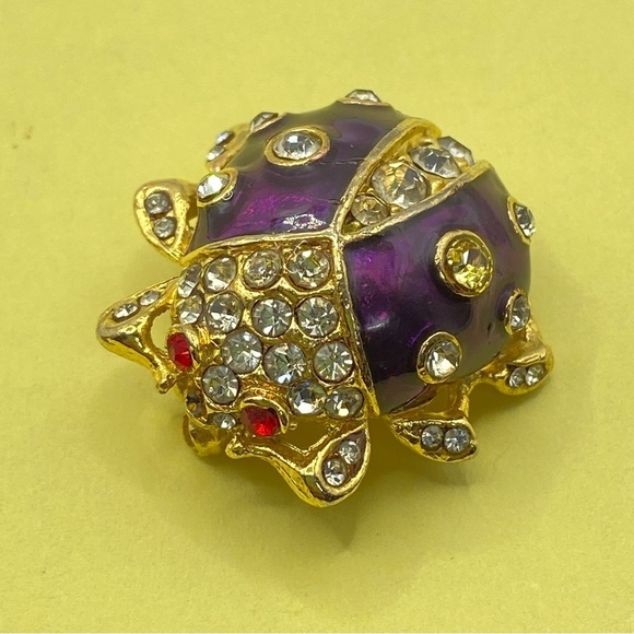 Ladybug Rhinestone Purple With Red Eyes Lady Bug Naturecore Vintage Brooch - Picture 5 of 7